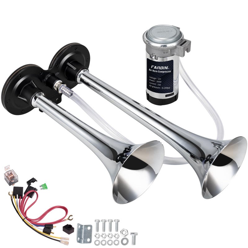 FARBIN بوق سيارة FARBIN 12V 150db بوق هوائي عالي الصوت، بوق مزدوج من الكروم والزنك، بوق شاحنة مع ضاغط وحزمة أسلاك، لأي مركبة 12V - Image 1